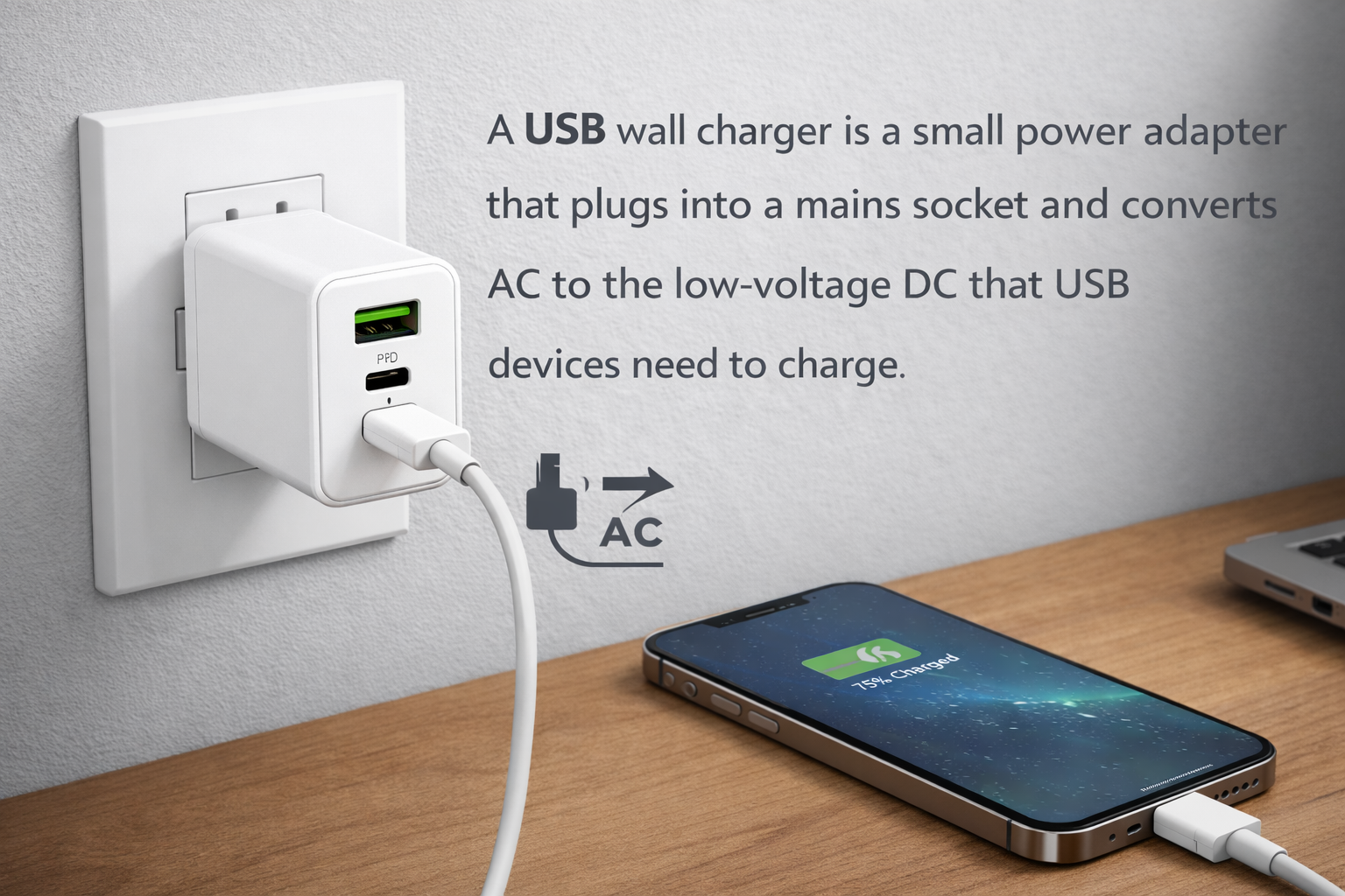 a usb wall charger is a small power adapter that plugs into a mains socket and converts ac to the low voltage dc that usb devices need to charge.