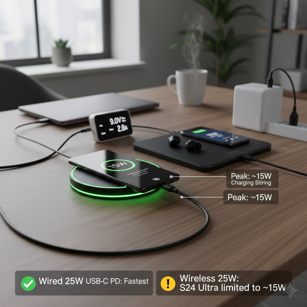 samsung s24 ultra not support 25w wireless charging samsung rated around 15w
