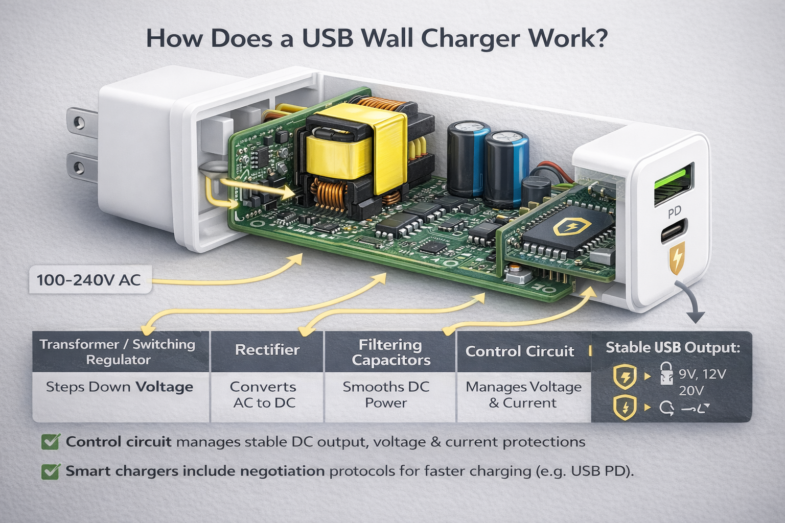 usb charger internal components transformer rectifier switching regulator
