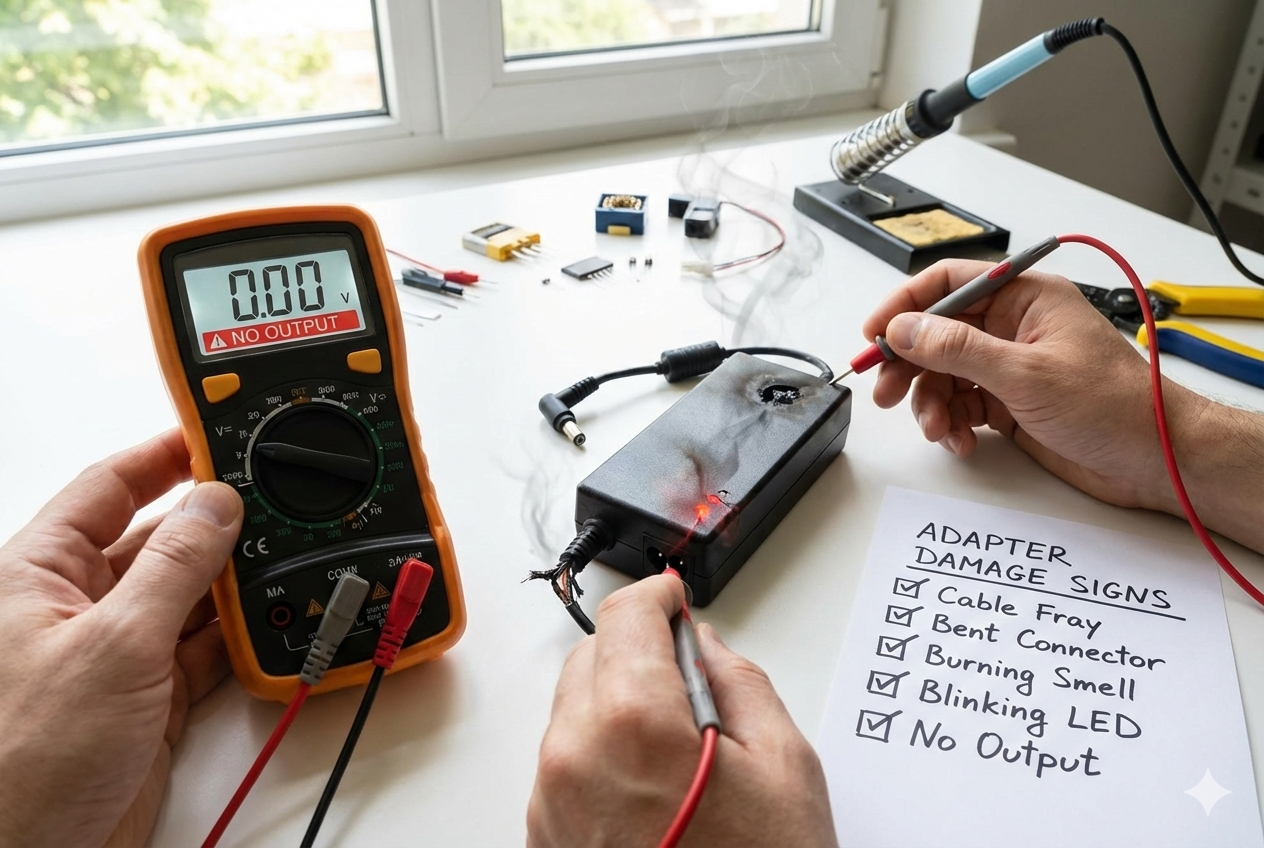 how to know adapter damaged visual check multimeter no output smell burning intermittent power