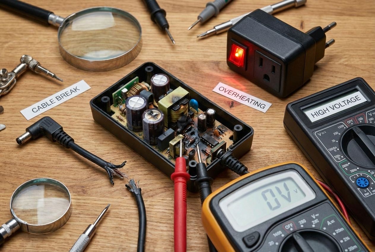 power adapter not working cable connector blown component overheating safety cutoff