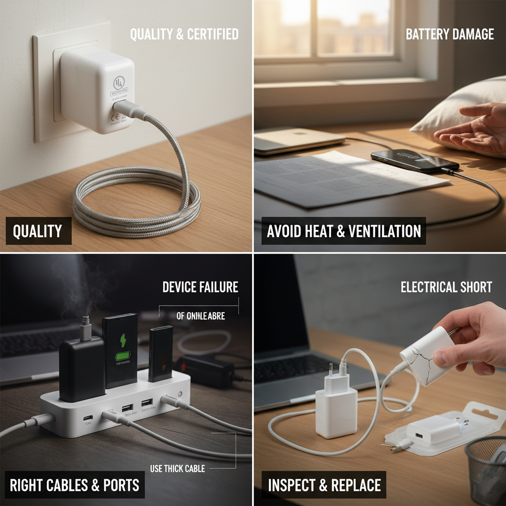 prevent charger overheating buy certified efficient cables avoid heat vents clear replace damaged