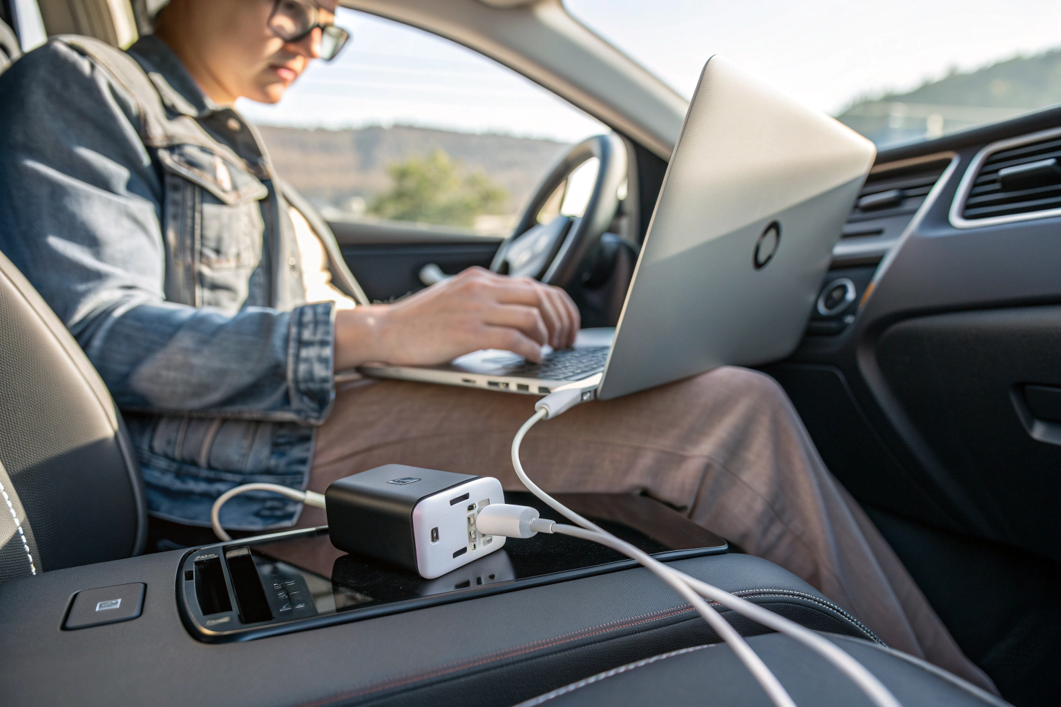 USB car charger powering laptop via USB-C PD