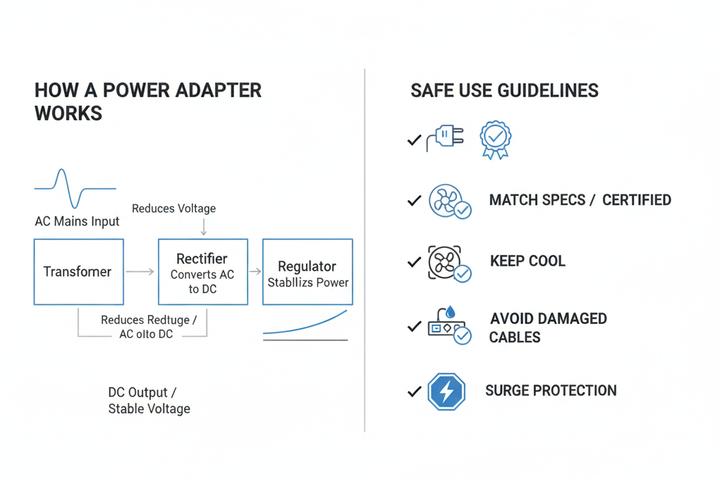 how does a power adapter work how can we ensure the safe use of electronic devices