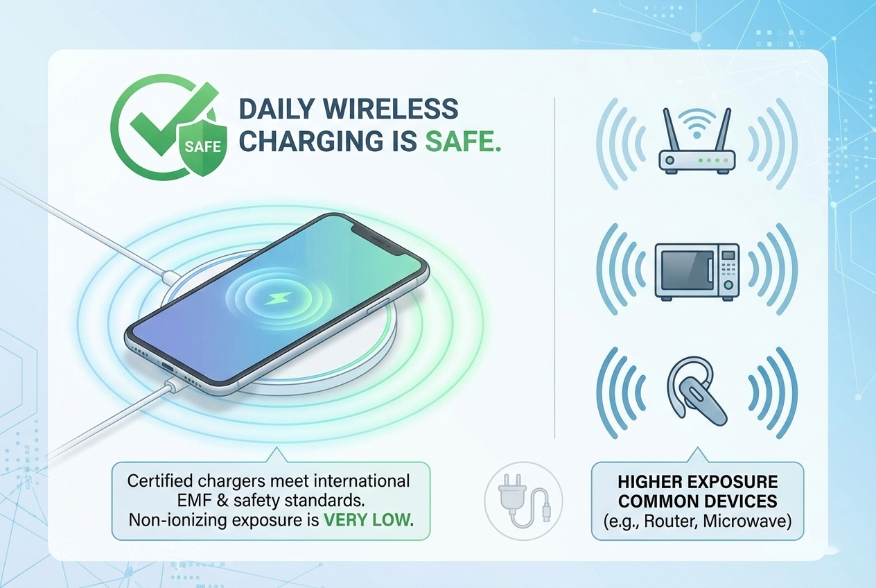 is it safe to wireless charge every day certified chargers low exposure non ionizing
