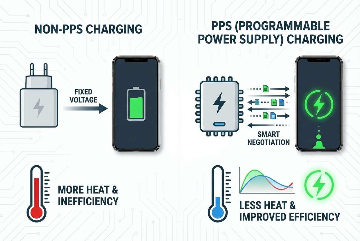 pps (programmable power supply) lets charger and device negotiate exact voltage and current in small steps, cutting heat and improving charging efficiency.