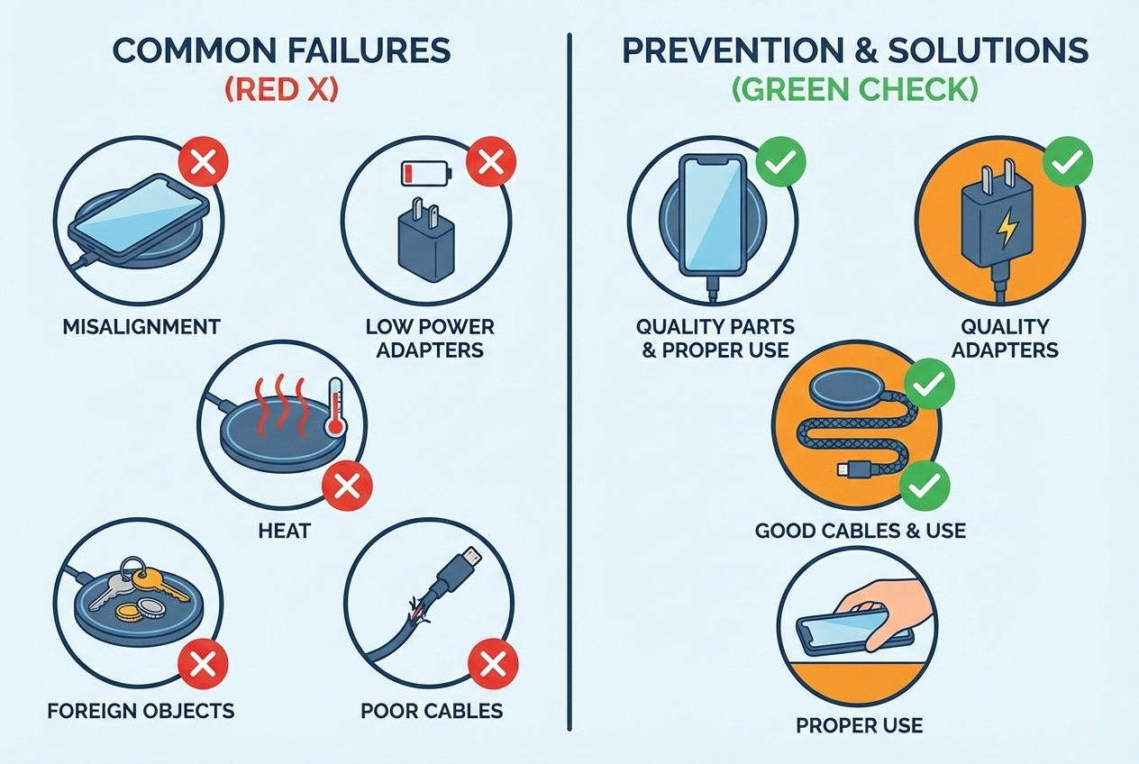 wireless chargers can fail due to misalignment, low power adapters, heat, foreign objects, and poor cables