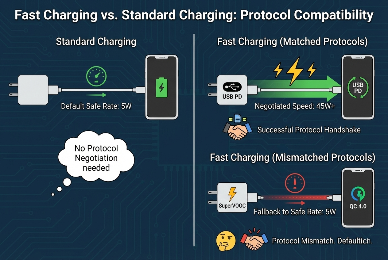 fast charging vs standard charging protocols pd qc proprietary negotiation