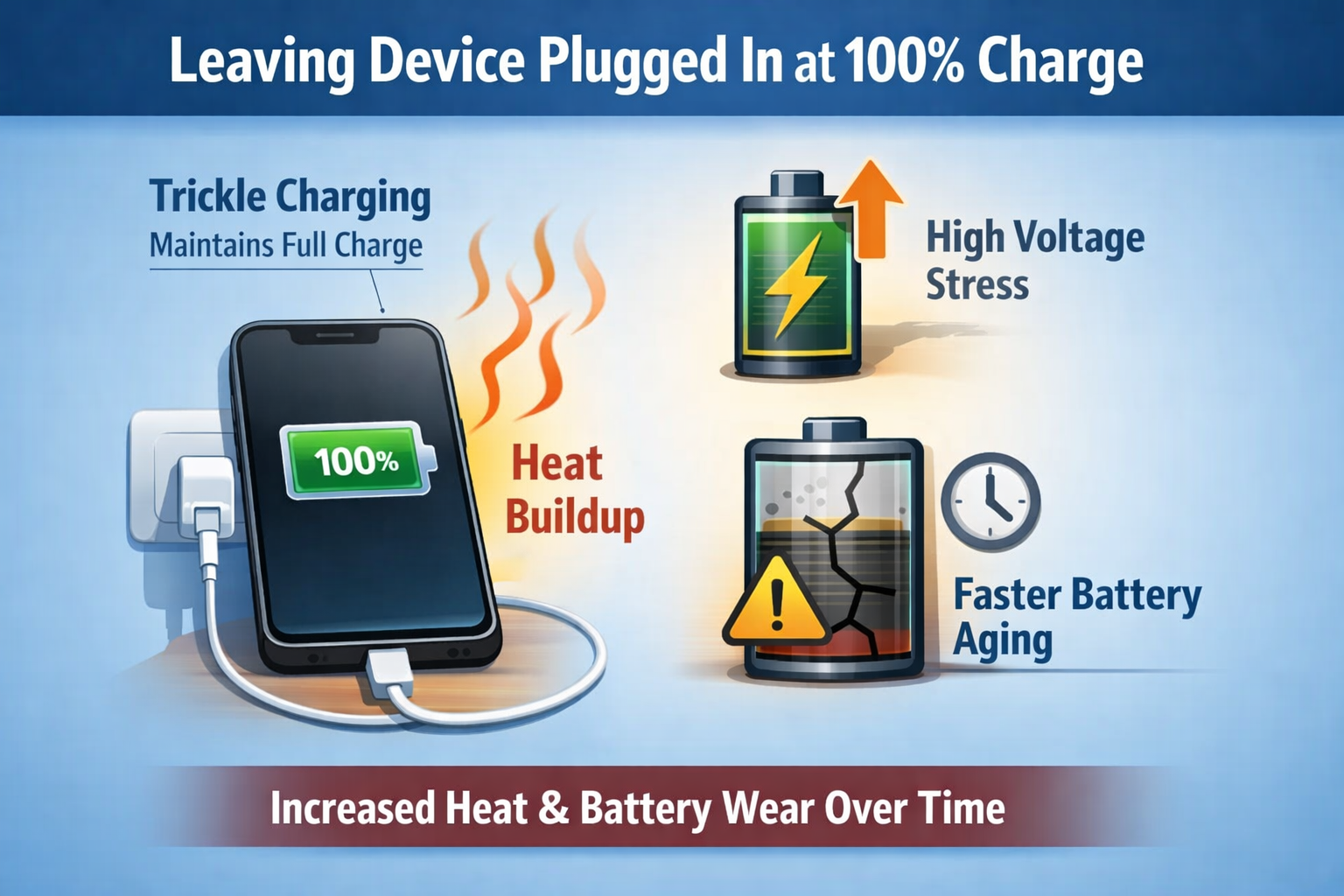 leave device plugged after 100 percent trickle top off battery management heat stress age faster