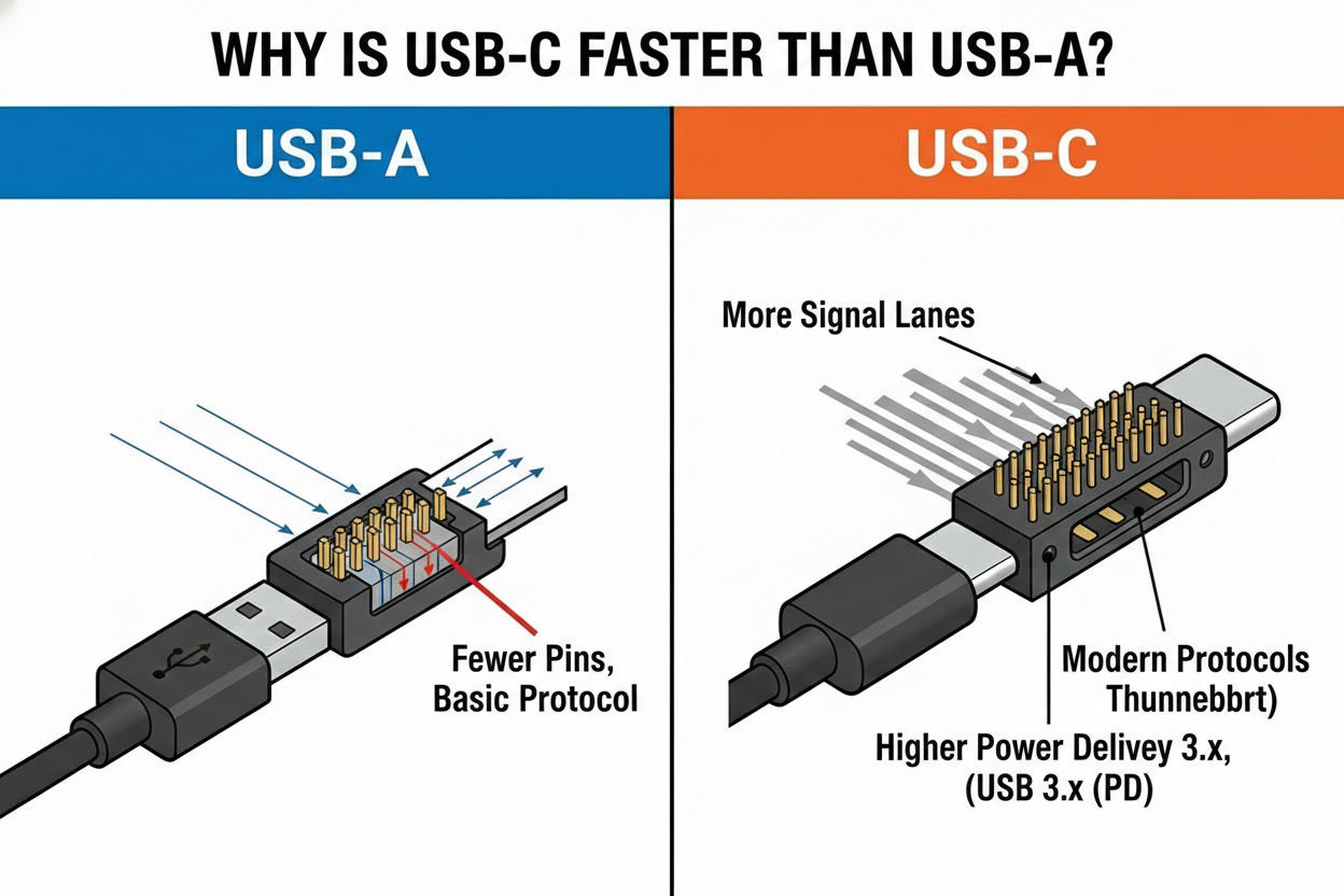 why usb c faster than usb a protocols lanes pd thunderbolt