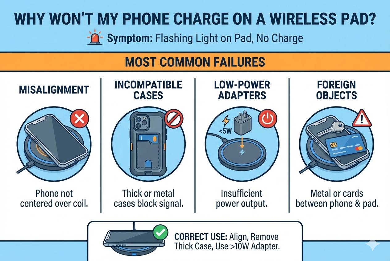 wireless charger phone not charging misalignment case foreign object