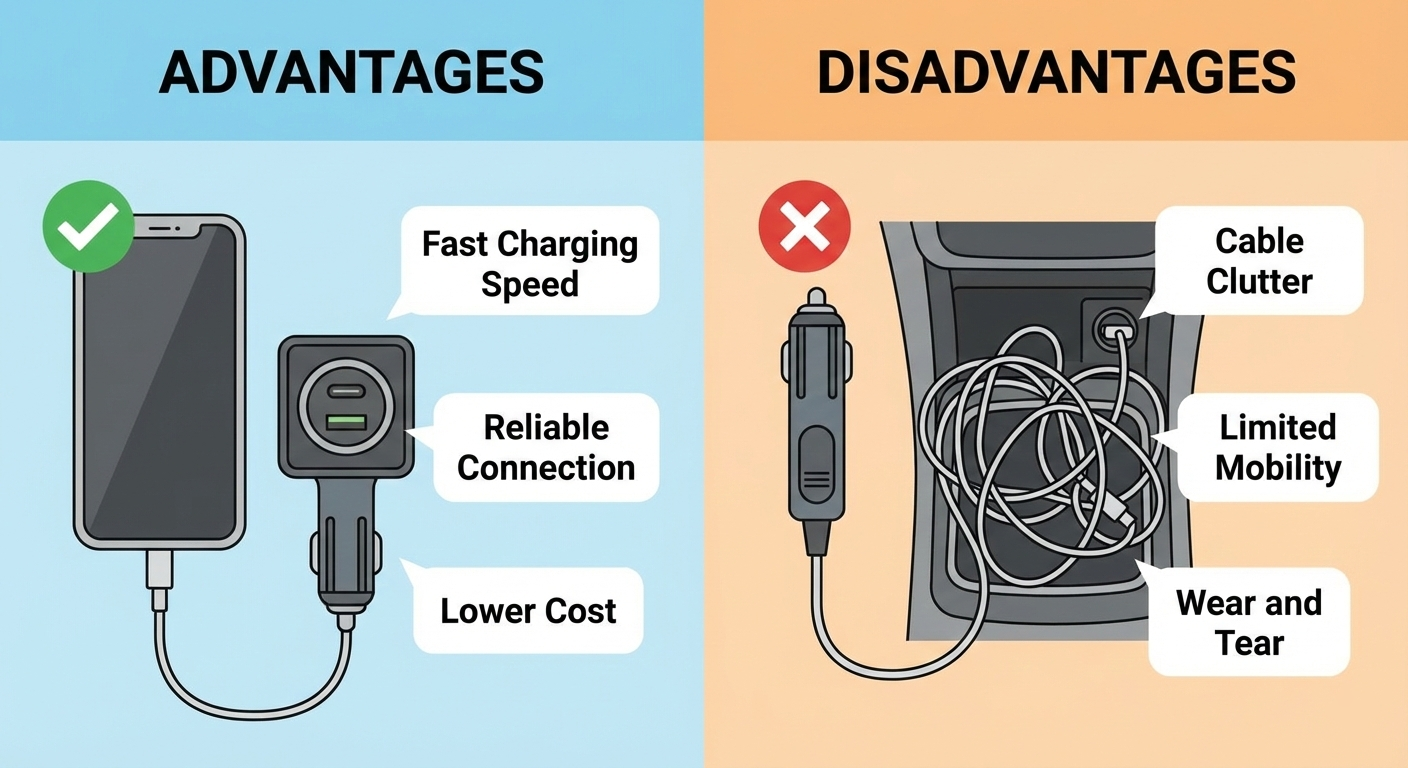 advantages and disadvantages of wired vehicle chargers fast efficient cable clutter