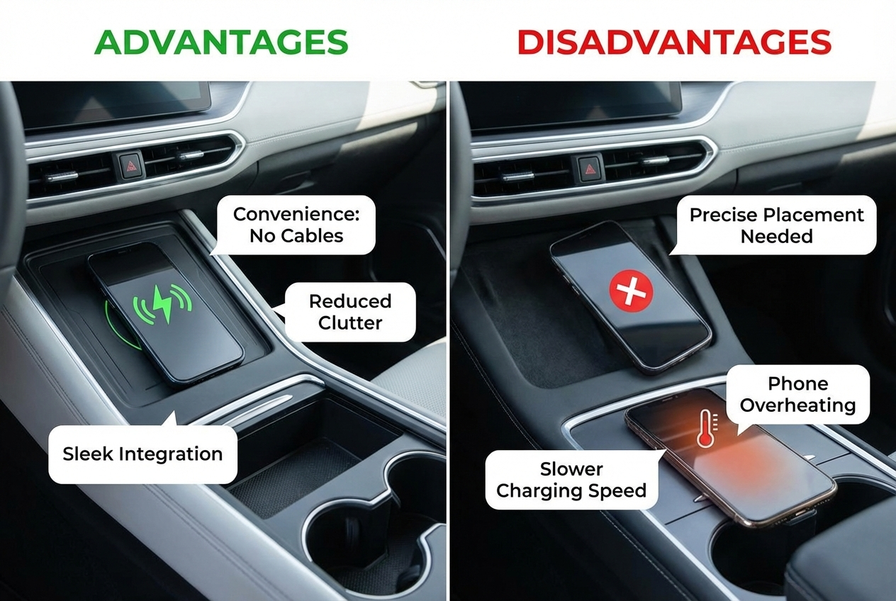 advantages and disadvantages of wireless car chargers one hand docking alignment heat