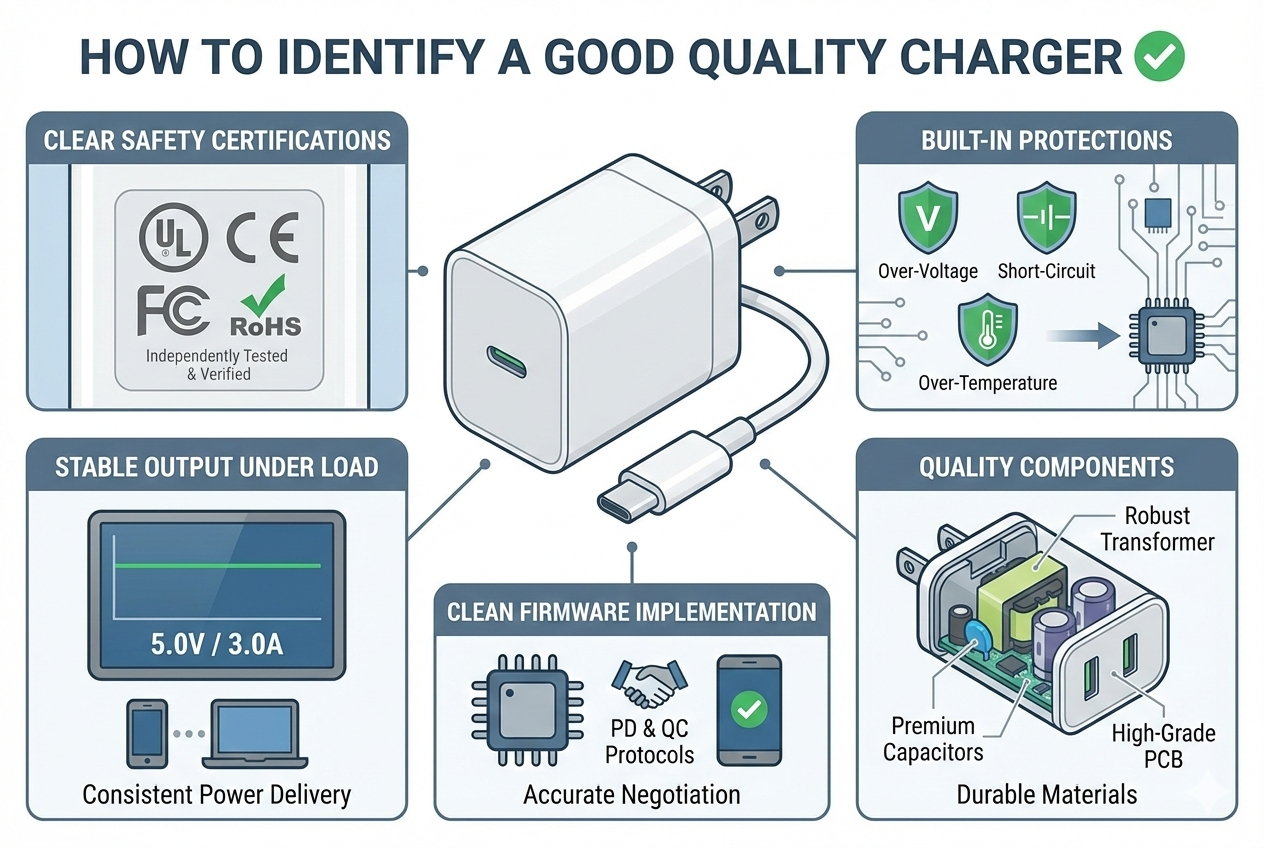 how do i know if a charger is good quality checklist certifications protections stable output