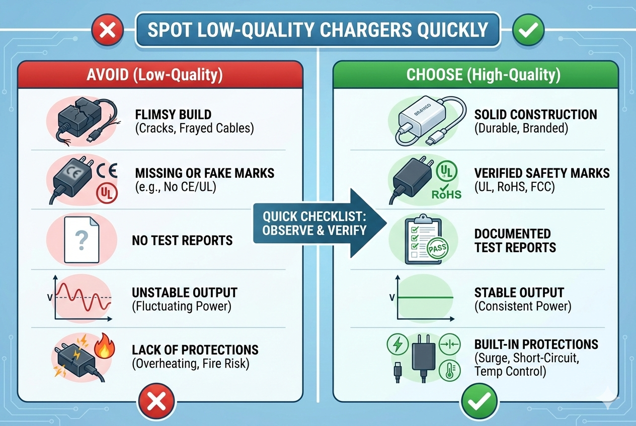 how to identify low quality chargers visual inspection safety marks test reports