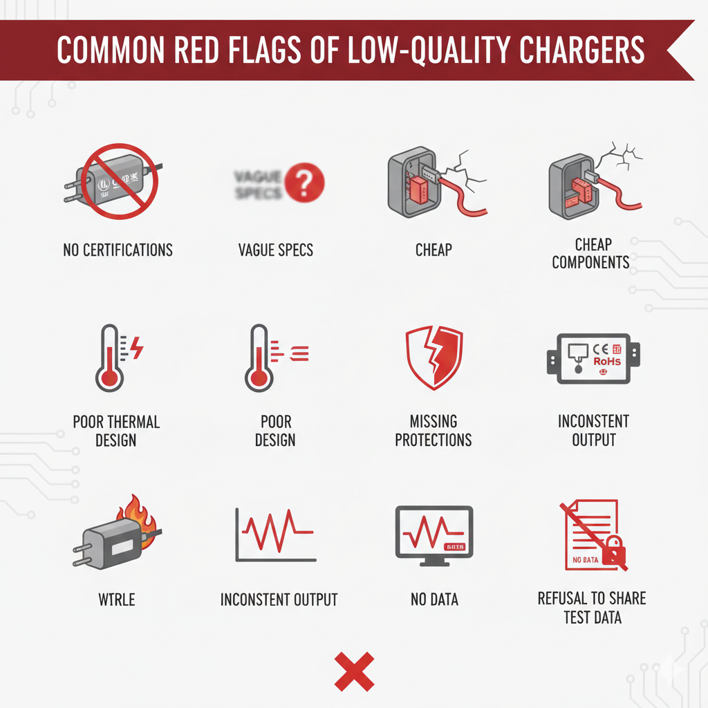 common red flags of low quality chargers no certifications cheap components poor thermal design