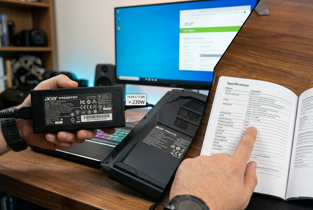 find acer predator adapter wattage check brick label laptop sticker manual support site