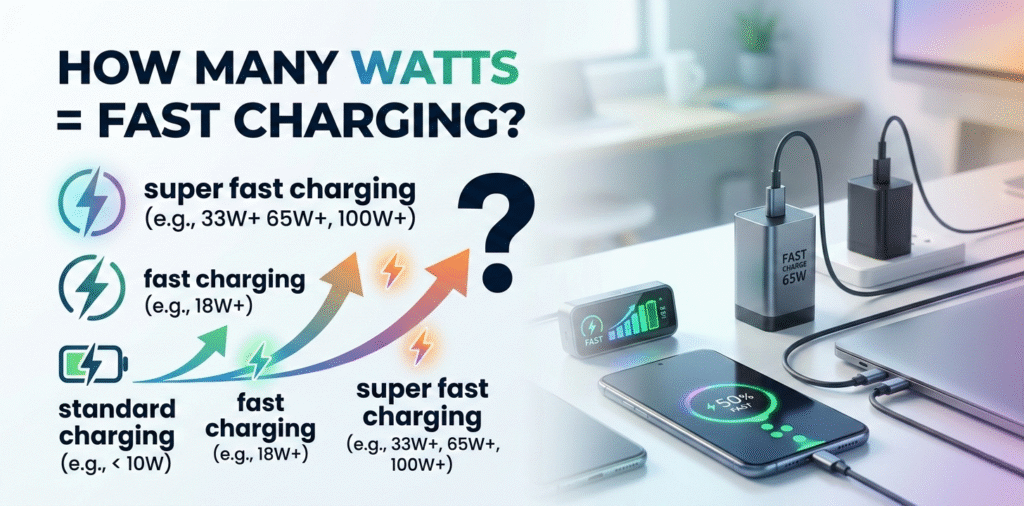 How many watts or more constitute fast charging?