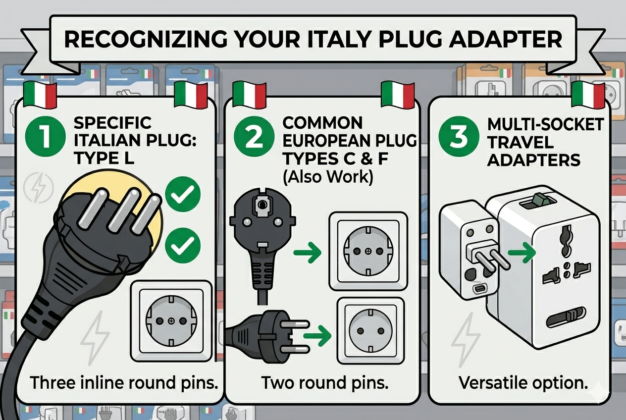 what does the italy adapter look like type l three inline pins type c type f two round pins travel adapter