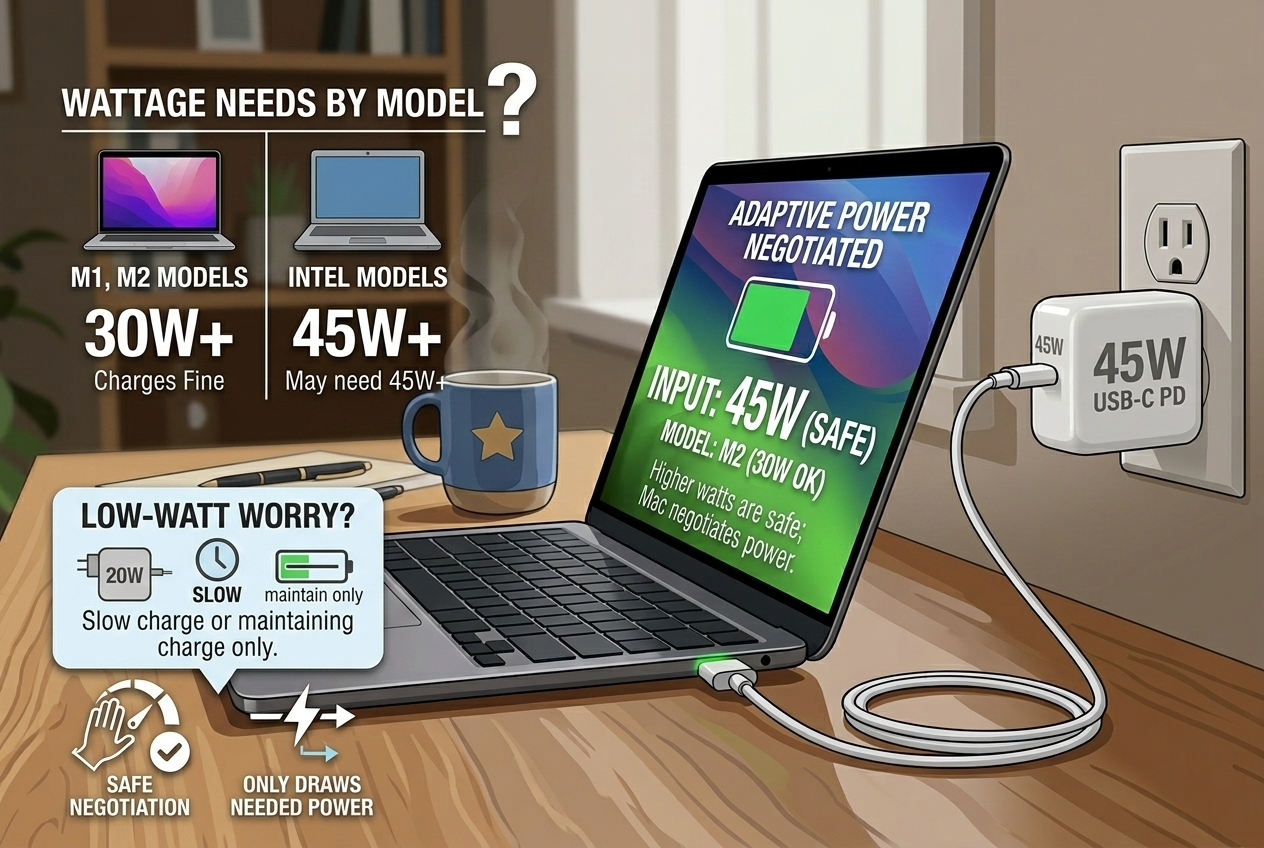 what wattage does a macbook air need to charge 30w 45w 60w apple usb c pd
