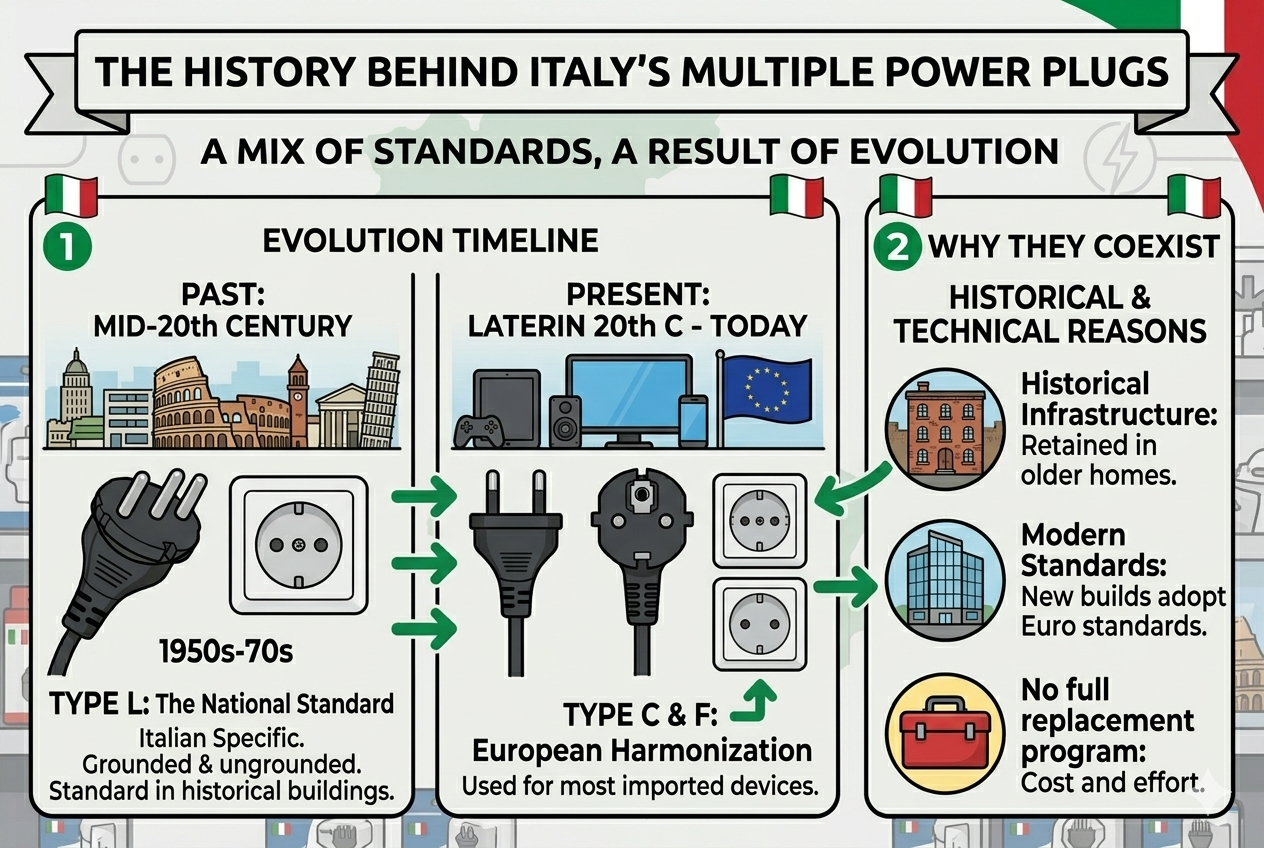 why does italy have two plugs history type l type c type f electrical standards