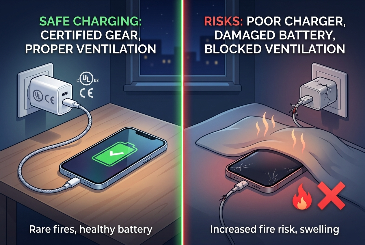 charging overnight fire risk battery swelling certified chargers ventilation avoid cheap accessories