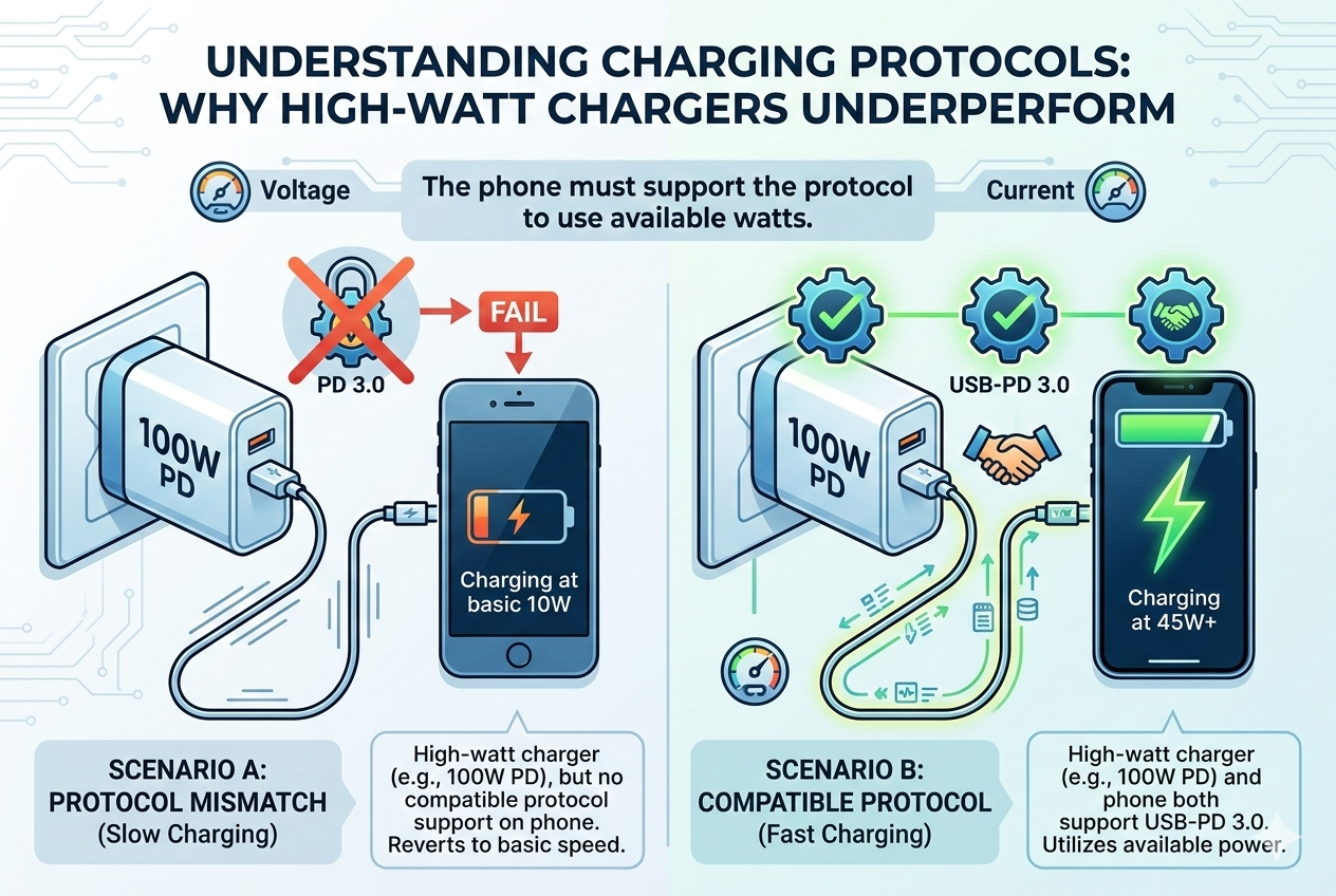 charging protocols usb pd quick charge vooc warp compatibility handshake wattage negotiation