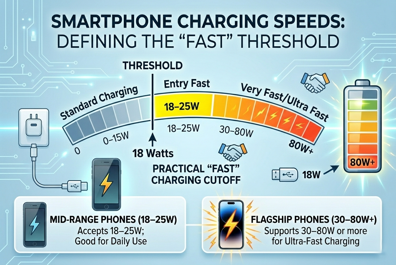 fast charging threshold 18w 25w 30w smartphone charging tiers comparison table