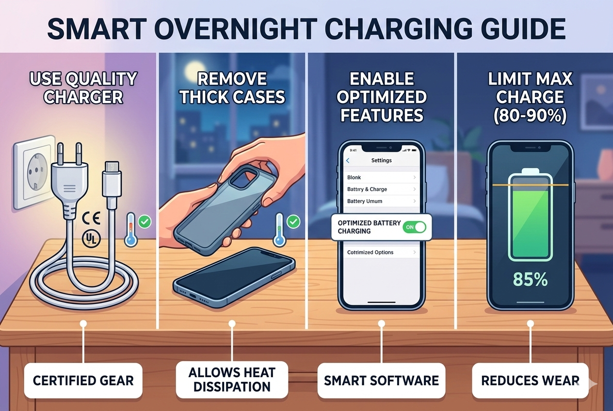 overnight charging tips optimized charging 80 percent limit quality chargers reduce heat