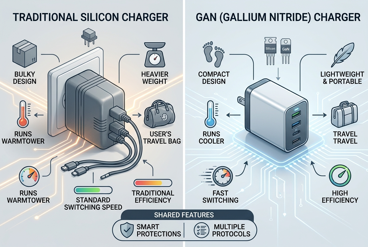 gan chargers smaller lighter efficient cooler fast switching compared to silicon chargers