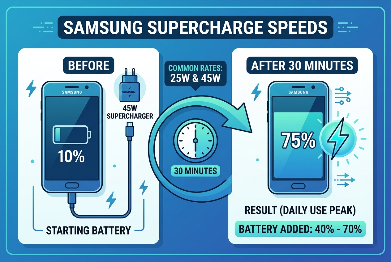 samsung supercharge speeds 25w 45w peak 40 70 percent 30 minutes real world