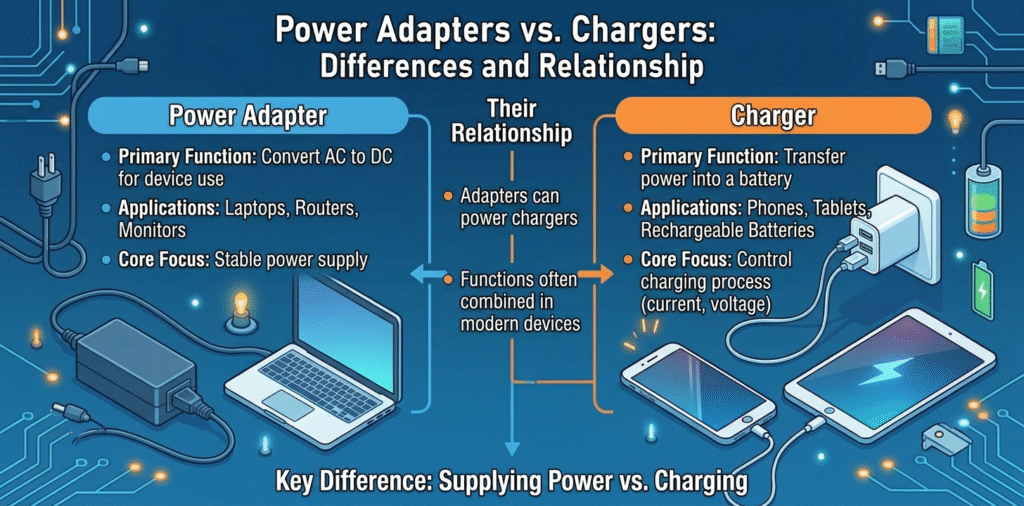the differences and relationship between power adapters and chargers