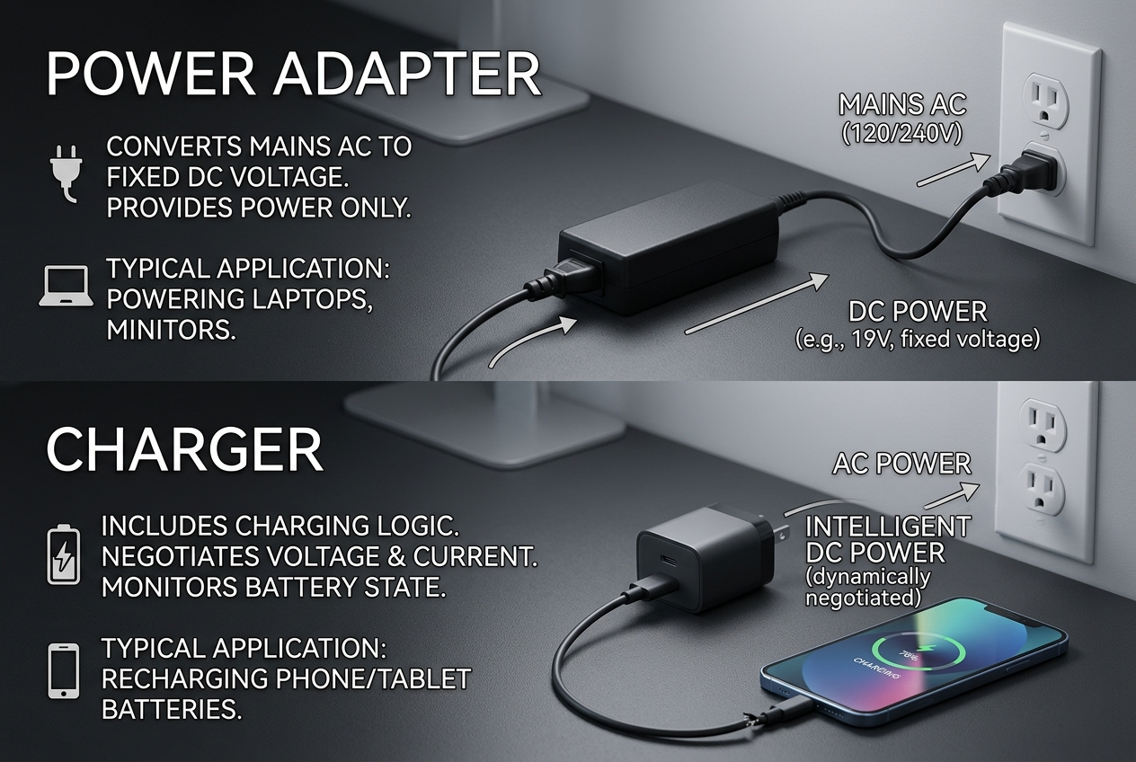 power adapter vs charger functions voltage current regulation charging logic protection
