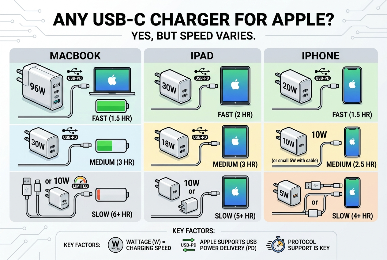 most usb c chargers power apple devices but speed depends wattage protocol